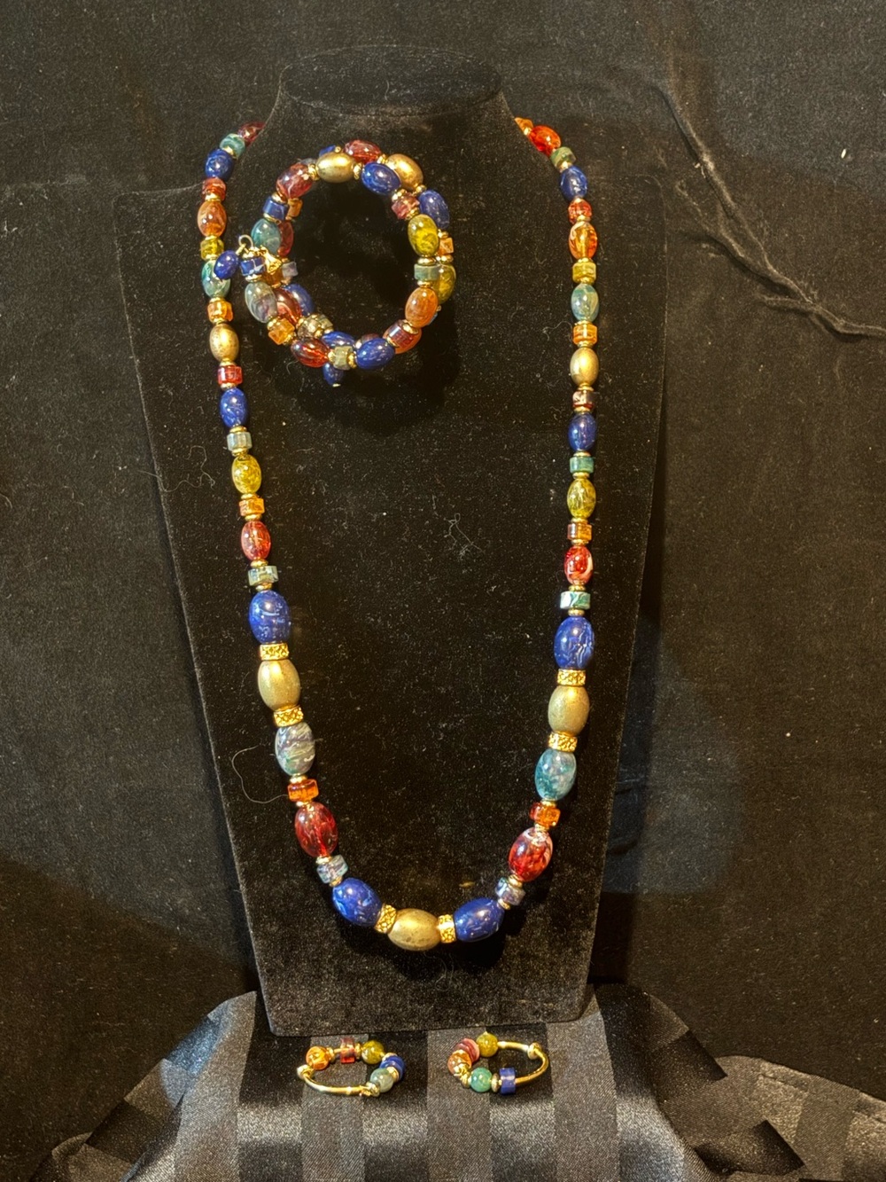 Multicolor Glass Bead Necklace, Earrings & Bracelet Set, Vibrant Blue, Red, Gold